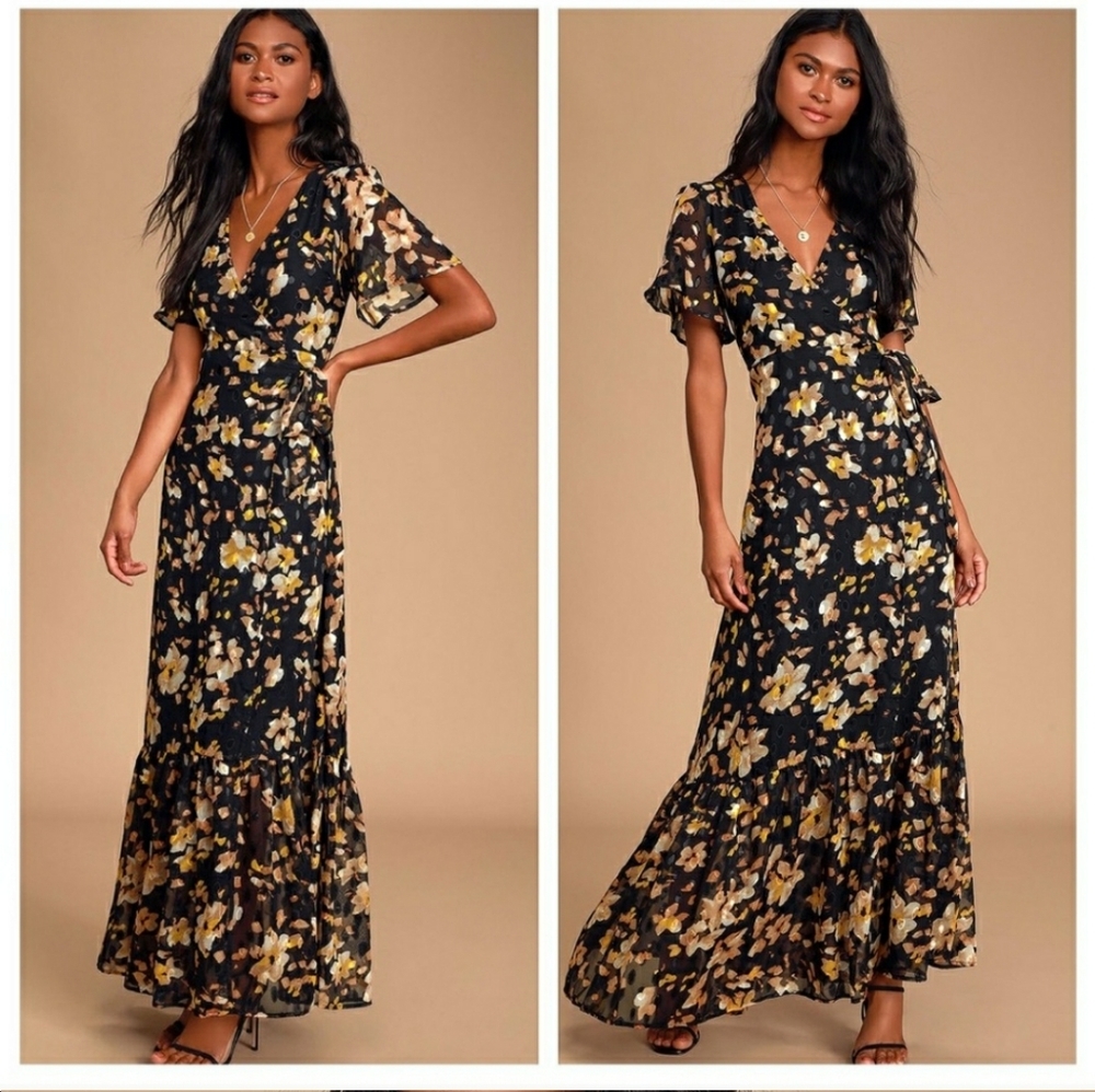 LULU'S Lean On Me Floral Print Wrap Maxi Dress